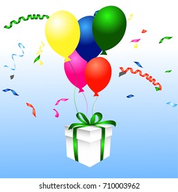 Illustration of a bunch of  balloons with a present