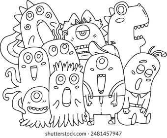 Illustration of a bunch of cute monsters with funny expressions. Suitable for coloring book, coloring pages, etc