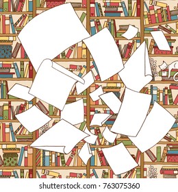 Illustration of a bunch of empty papers, flying through the air in front of an office bookshelf