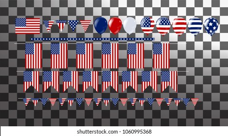  illustration bunch of  flag and balloons . Party decorations for Wedding, anniversary, celebration, event design, 4th july independence day

