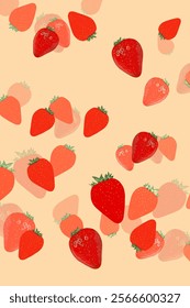 illustration of a bunch of fresh ripe strawberries falling on a brown background