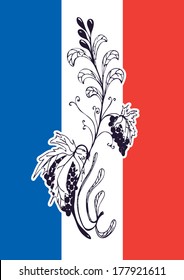 Illustration of bunch of grape vine. Traditional French cuisine. Flag.