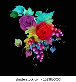 Illustration of bunch of grapes with leaves and roses. Isolated art work for fabric, textile and other prints. Abstract. Hand drawn. Vector - stock.