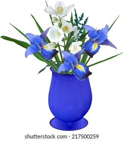illustration with bunch of iris and jasmine flowers in blue vase