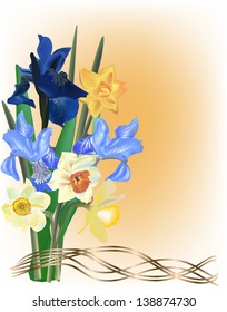 illustration with bunch of iris and narcissus flowers