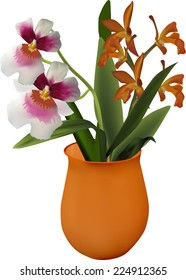illustration with bunch of orange and pink orchids in vase