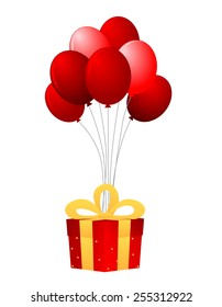Illustration of a bunch of red balloons with a present clipart isolated on white background