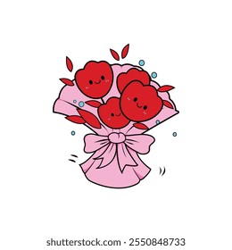 Ilustración de un manojo de flores rojas sonriendo amablemente, Vector de flores, lindo romántico