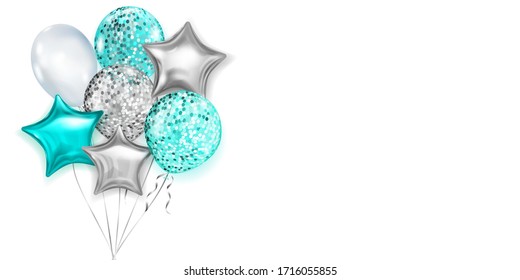 Illustration with bunch of shiny balloons in light blue and silver colors, round and in the shape of stars, with ribbons and shadows, on white background