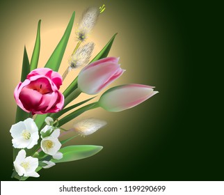illustration with bunch of spring flowers on dark background