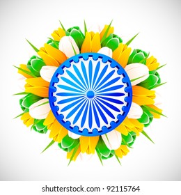 illustration of bunch of tulip flower in color of indian flag with Ashok wheel