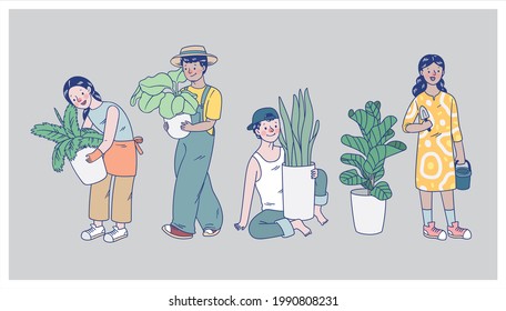 illustration bundle set of stylish street style fashion couple male female person wearing different style of outfit plant a carnivorous plants, cactus, succulent and ornamental plant in a pot.