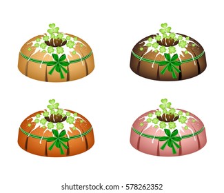 Illustration of Bundt Cake or Traditional Big Round Cake with Hole Inside, Mirror Glaze Coating and Four Leaf Clover Plants or Shamrock for St. Patricks Day Celebration Isolated on White Background.