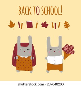 Illustration of bunnies twins "Back to school"