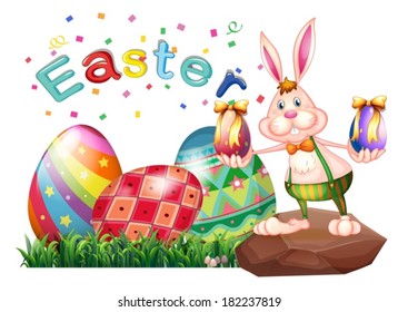 Ilustración de un conejito sobre la roca con huevos de Pascua sobre un fondo blanco