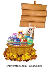 Illustration of a bunny and a basket with eggs near a signage on a white background