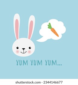 Illustration of a bunny with carrots on a blue background.