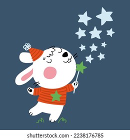 Illustration of a bunny carrying a magic wand that throws stars