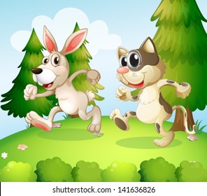 Illustration of a bunny and a cat running above the hill