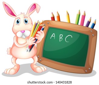 Illustration of a bunny with coloring pens beside a blackboard on a white background