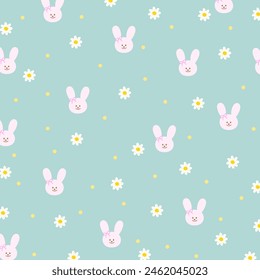 Illustration of bunny, daisy flowers on a mint green background for floral print, girly pattern, kid clothes, gift wrap, packaging, fabric, wallpaper, backdrop, women textile, easter, animal, garment