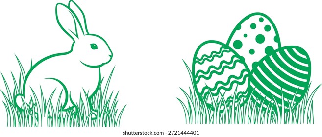 An illustration of a bunny and decorated Easter eggs in grass, symbolizing Easter Day joy and tradition