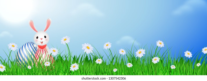 Illustration of bunny with easter egg on sunny weather background for Happy Easter header or banner design.