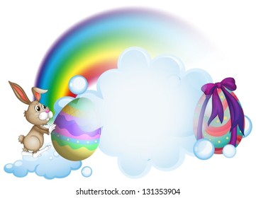 Illustration of a bunny and the easter eggs near the rainbow on a white background