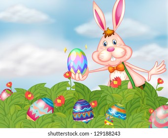 Illustration of a bunny with eggs at the garden