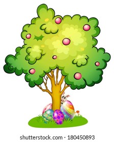 Illustration von Hasen und Eiern unter dem Baum auf weißem Hintergrund – Stockvektorgrafik