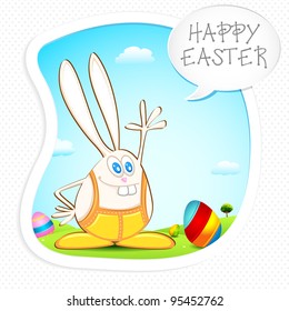 illustration of bunny in field with easter egg
