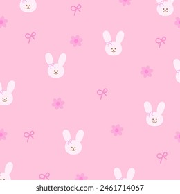 Illustration of bunny, flower, ribbon on pastel pink background for floral print, girly pattern, kid clothes, gift wrap, packaging, fabric, wallpaper, backdrop, women textile, garment, easter, animal