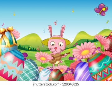 Illustration of a bunny with a guitar and the easter eggs in the garden on a white background