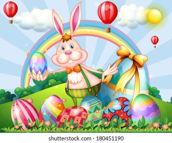 Ilustración de un conejito en la cima de una colina con huevos de Pascua