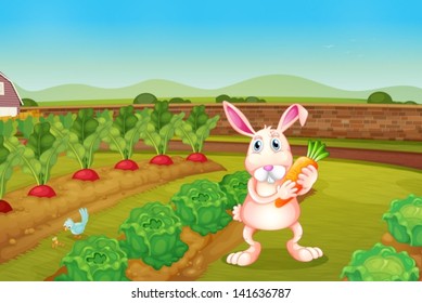 Illustration of a bunny holding a carrot along the garden