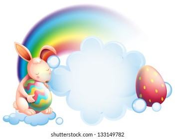 Illustration of a bunny holding an egg while sleeping in front of a rainbow on a white background