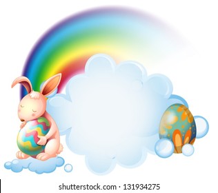 Illustration of a bunny hugging an easter egg near the rainbow on a white background