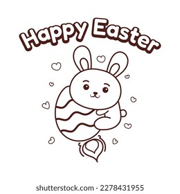 ilustración de un conejito abrazando un cohete de huevo celebrando el libro de colorear al estilo kawaii de Pascua