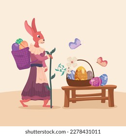 Illustration of the bunny hunting Easter eggs for Easter
