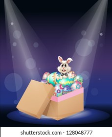 Illustration of a bunny inside a box full of easter eggs