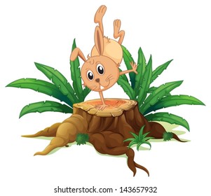 Illustration of a bunny on a stump with leaves on a white background