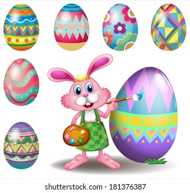 Illustration of a bunny painting the eggs on a white background
