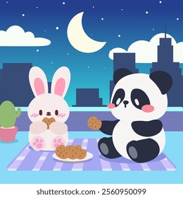 An illustration of a bunny and panda enjoying cookies on a rooftop under a moonlit night. Cute bunny and panda enjoy cookies at night.