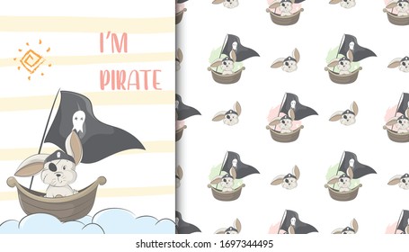 illustration of bunny pirate and kids baby pattern in the white backdrop