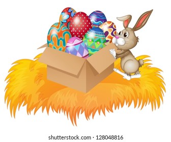 Illustration eines Hasen, der eine Schachtel voller Ostereier auf weißem Hintergrund drückt