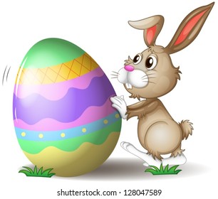 Illustration of a bunny pushing an easter egg on a white background