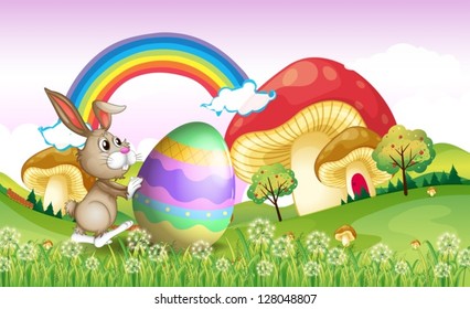 Illustration of a bunny pushing an easter egg
