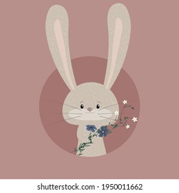 Illustration of a bunny in a round window with a bunch of spring flowers on a pink background
