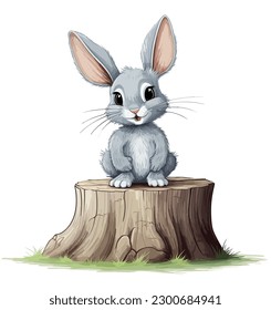 Illustration of a bunny sitting on the stump in the bushes and wild herbs. Piccture of a wild animal in its own habitat. Children illustration