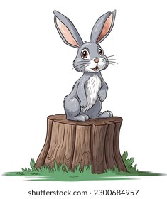 Illustration of a bunny sitting on the stump in the bushes and wild herbs. Piccture of a wild animal in its own habitat. Children illustration